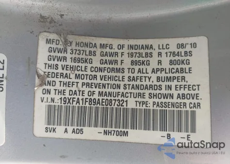 2010 Honda Civic Ex z USA, uszkodzony, nr VIN 19XFA1F89AE087321